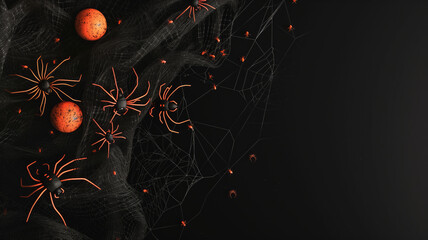 Happy halloween flat lay mockup with spiders, decoration and spider web on black background. Autumn holiday concept composition. Top view with copy space. Generated ai