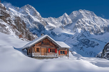 Traditional Mountain Hut Against Snow-Covered Mountains: Offering Warmth and Tranquility as a Refuge
