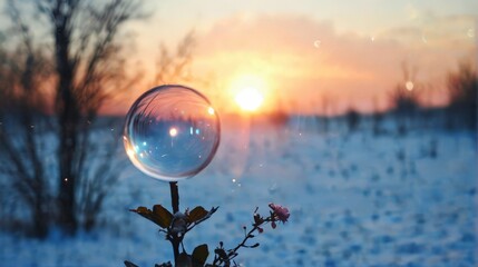 Winter landscape with trees covered with snow and sun in the background.