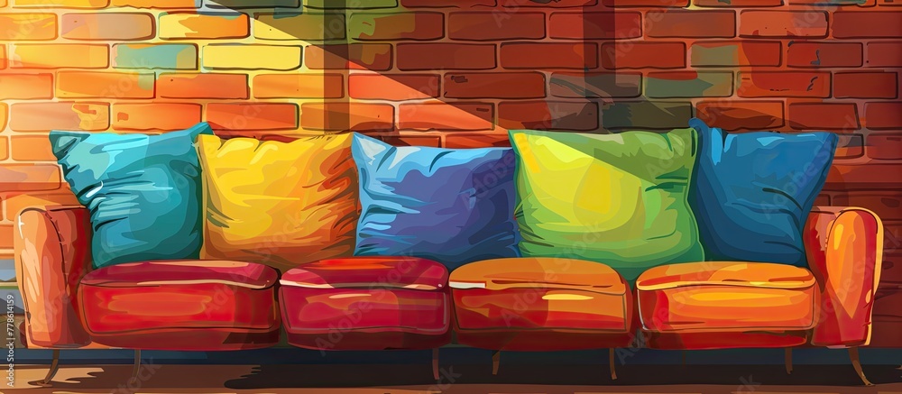 Wall mural a studio couch with vibrant magenta and electric blue pillows, placed in front of a brick wall. the 