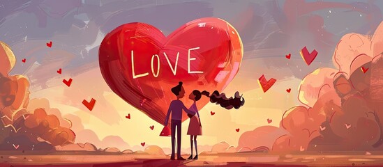 A man and a woman stand in front of a sky filled with pink clouds, posing in a happy gesture by a large red heart with the word love written in magenta font - obrazy, fototapety, plakaty