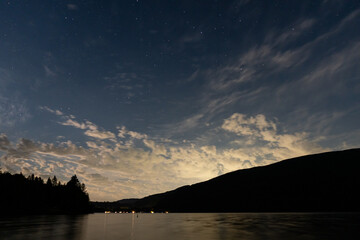 night scene on mountain lake with calm water and cloudy sky