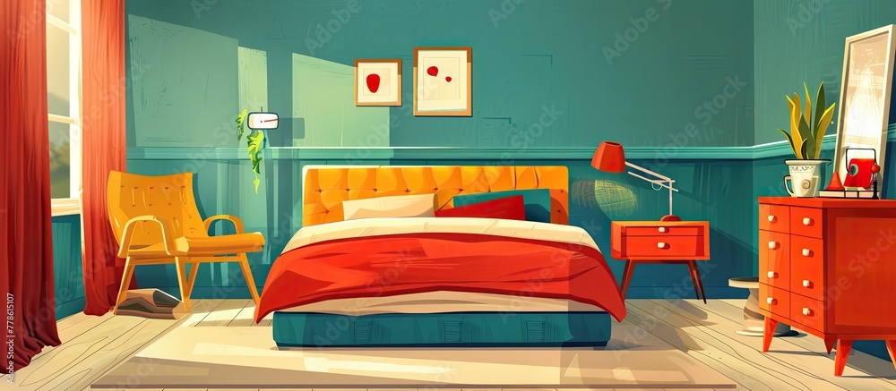 Sticker a bedroom is a room in a building with furniture such as a bed frame, dresser, chair, and mirror. th