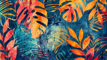 A pattern inspired by batik art, showcasing tropical leaves in bold outlines and contrasting colors with a weathered texture. 