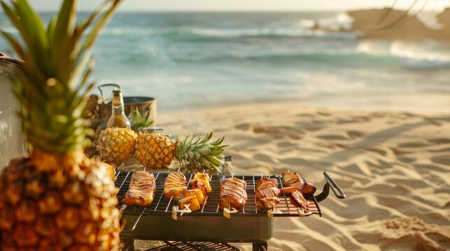 A beach party with a portable grill set up on the sand, offering fresh seafood and grilled pineapple