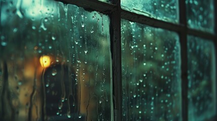 Raindrops drumming rhythmically on a windowpane, creating a peaceful and calming atmosphere.