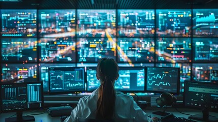 Futuristic Command Center Monitoring Key Business Metrics and Supply Chain Efficiency on Multiple Digital Screens