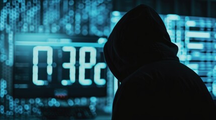A digital countdown timer ticks down behind the hacker.