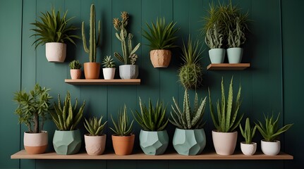 Stylish composition of home garden interior filled a lot of beautiful plants, cacti, succulents, air plant in different design pots .Generative AI - obrazy, fototapety, plakaty