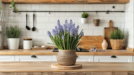 Blue muscari flower on white modern kitchen scandinavian style. Spring decoration eco friendly kitchen - obrazy, fototapety, plakaty