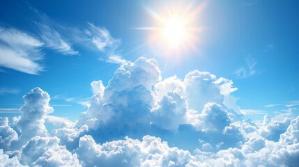 Fototapeta na wymiar Clouds in the blue sky. Bright midday sun illuminates the space. Wide photo 