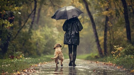 A person walking their dog in the rain, both wearing matching raincoats and holding a shared umbrella. - obrazy, fototapety, plakaty