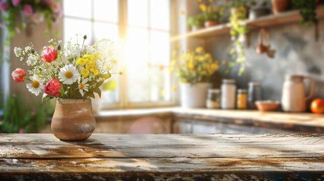Easter table with spring flowers in a sunny April kitchen
