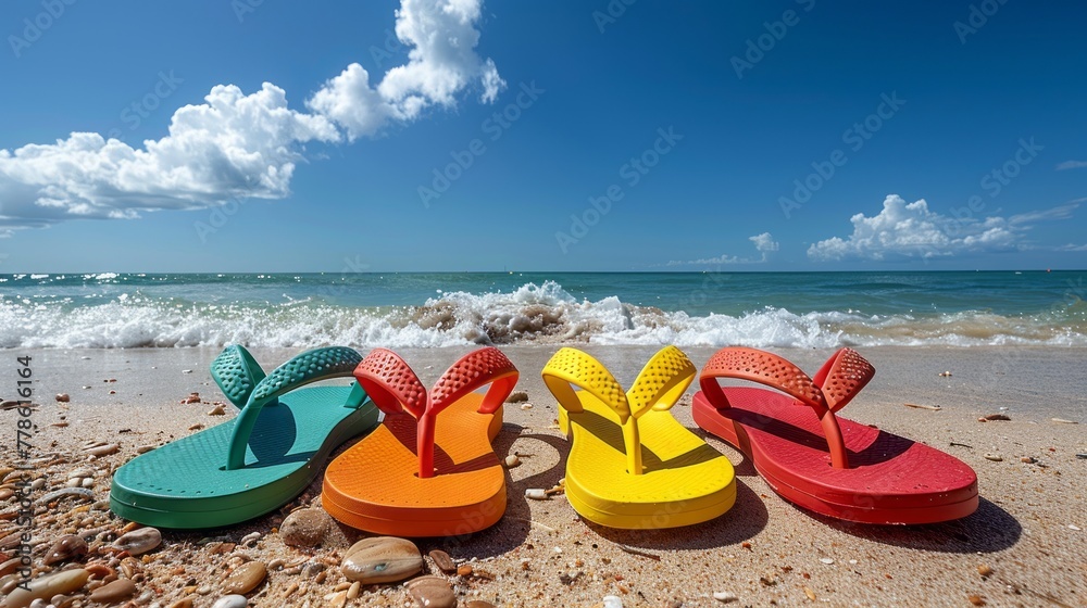 Wall mural a row of colorful flip flops on beach against sunny sky