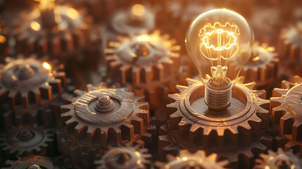 Fototapeta na wymiar Illuminated Light Bulbs on Gears, Concept of Idea Generation and Industrial Innovation