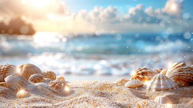 A natural blurred defocused background for concept summer vacation. Nature of tropical summer beach with rays of sunlight. Light sand beach. ocean water sparkles against blue sky