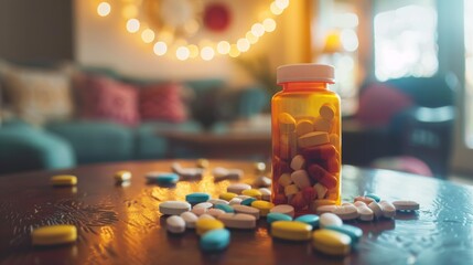  A bottle of pills is on a table with other pills