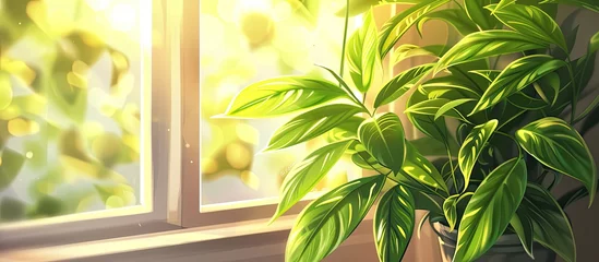 Foto op Canvas A houseplant sits on a window sill facing the outdoors. The terrestrial plant adds a touch of nature to the room, enhancing the indoor landscape © AkuAku