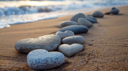 A collection of smooth, heart-shaped pebbles arranged on a sandy beach with gentle waves in the background, evoking a sense of gratitude for nature's beauty. - 778617305