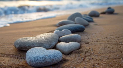 Tuinposter A collection of smooth, heart-shaped pebbles arranged on a sandy beach with gentle waves in the background, evoking a sense of gratitude for nature's beauty. © kamonrat