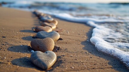 A collection of smooth, heart-shaped pebbles arranged on a sandy beach with gentle waves in the background, evoking a sense of gratitude for nature's beauty. - 778617339