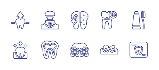 Dental line icon set. Editable stroke. Vector illustration. Containing radiography, toothbrush, clean, tooth, teeth, sensitivity, braces, implant.