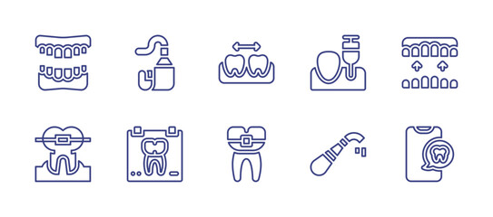 Dental line icon set. Editable stroke. Vector illustration. Containing teeth, anesthesia, tooth, toothpaste, suction, smartphone, x rays, orthodontic, braces.