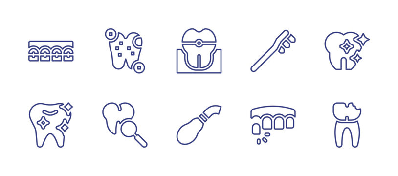 Dental line icon set. Editable stroke. Vector illustration. Containing braces, tooth, clean tooth, suction, cavities, teeth, broken tooth, toothbrush.