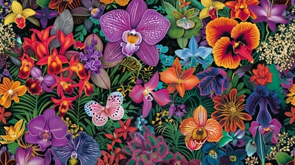 Foto op Plexiglas anti-reflex A dense all-over pattern featuring a variety of tropical flowers - orchids, bromeliads, and anthuriums - in a kaleidoscope of colors. © kamonrat