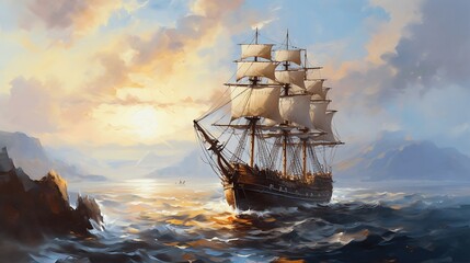 art illustration of big ancient pirate ship sailing on rough sea. AI Generative