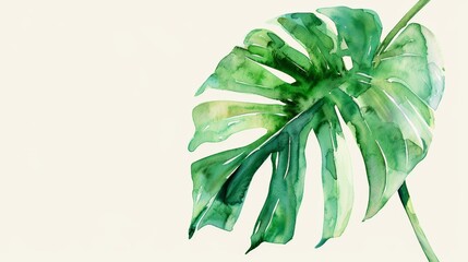 A simple and elegant watercolor pattern with a single, detailed monstera leaf in the center of the composition