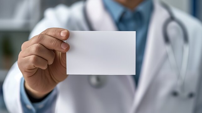 a doctor in a white lab coat holding empty business or visit card offering his medical services.