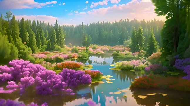lake in the middle of the forest decorated with colorful flowers with a blue sky with thin clouds