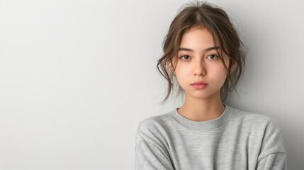 Portrait of asian brunette girl against white background.
