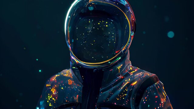 The starry sky reflects in the helmet of an astronaut wearing a spacesuit splattered with vibrant colors of paint. 