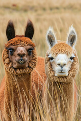 Naklejka premium Two llamas standing in a field with one of them looking at the camera