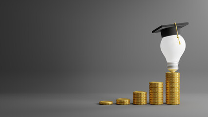 Saving money for education concept design of gold coin with lightbulb with graduation cap 3D render