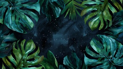 A dramatic watercolor pattern with dark green and black tropical leaves against a starry night sky with hints of moonlight