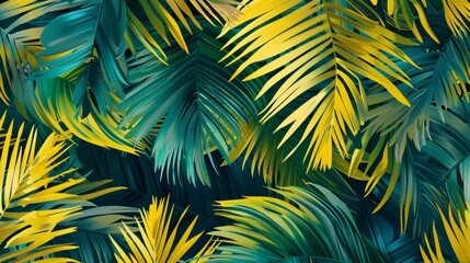 A seamless pattern featuring overlapping palm leaves in different shades of green and yellow, mimicking a swaying palm tree canopy. - obrazy, fototapety, plakaty