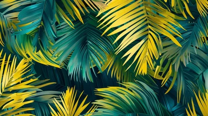 Fotobehang A seamless pattern featuring overlapping palm leaves in different shades of green and yellow, mimicking a swaying palm tree canopy. © kamonrat