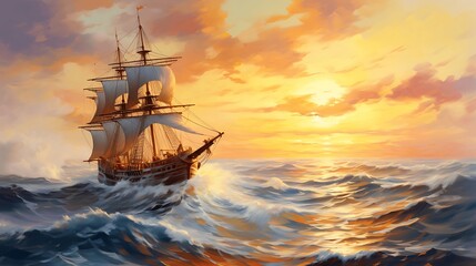 Fototapeta premium art illustration of big ancient pirate ship sailing on rough sea. AI Generative