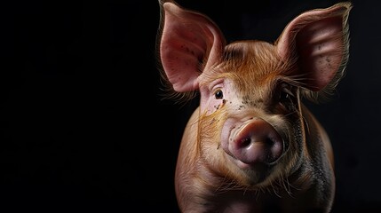 portrait of a sad smiling pig, photo studio set up with key light, isolated with black background and copy space