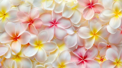 A repeating pattern showcasing plumeria flowers in shades of white, pink, and yellow, with delicate details like stamens and petals.