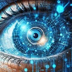 Close up of human eye with blue digital effect, digital technology concept