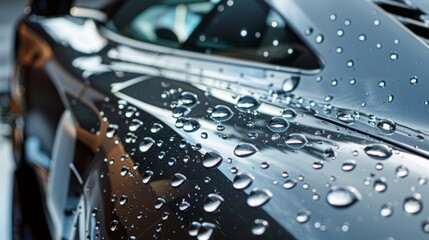Raindrops glisten on the car's sleek metallic paintwork, creating a shimmering effect.