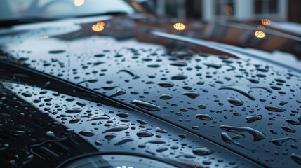 Raindrops glisten on the car's sleek metallic paintwork, creating a shimmering effect.