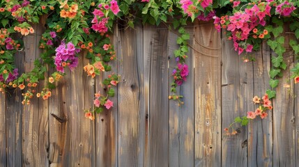 Fototapeta na wymiar A weathered wooden fence covered in blooming vines and vibrant tropical flowers.