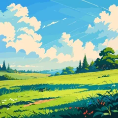 Gartenposter Serene meadow with a backdrop of blue sky © Mulyadi Lim