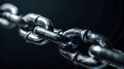Close - up of a metal chain pulled taught against a black background.