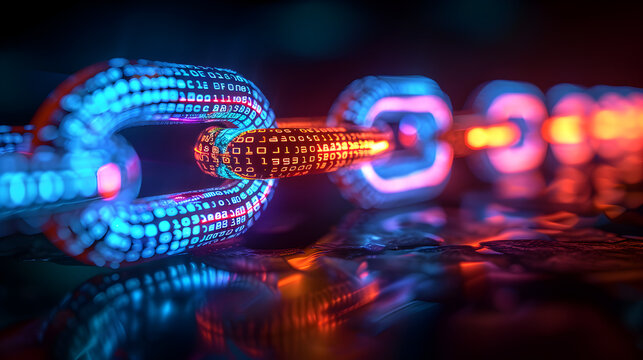 Blue and gold neon light chain link icon on black background.